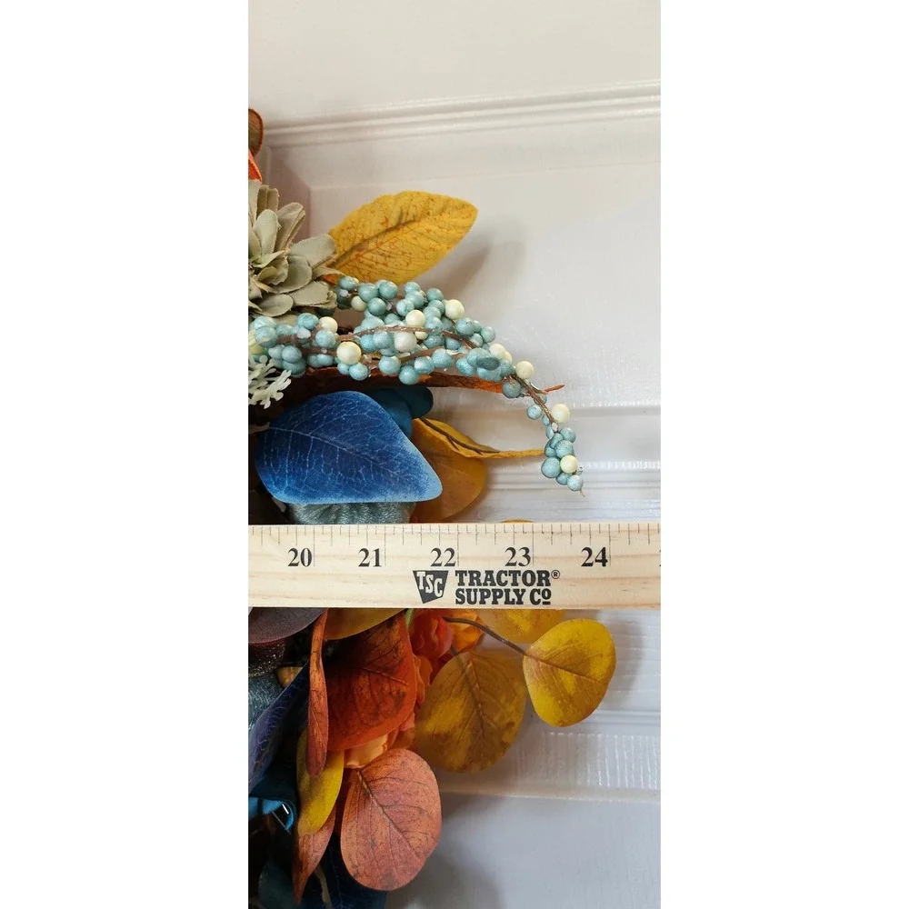 Handmade Fall Wreath Autumn Front Door Decor Teal Orange Pumpkins Sunflowers 24